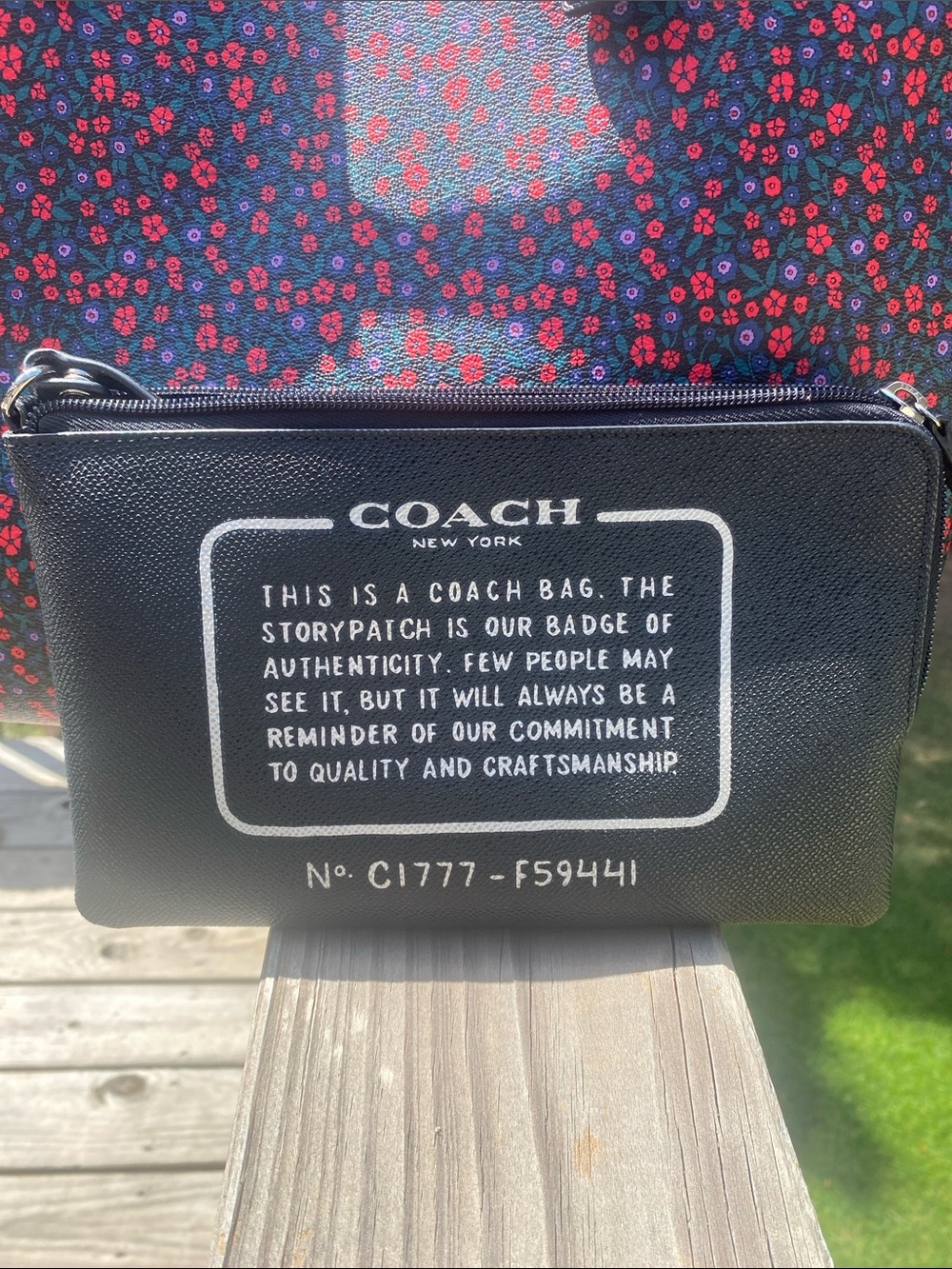Coach Navy Floral Tote reversible, with Black Trim and Matching Pouch - Picture 2 of 12